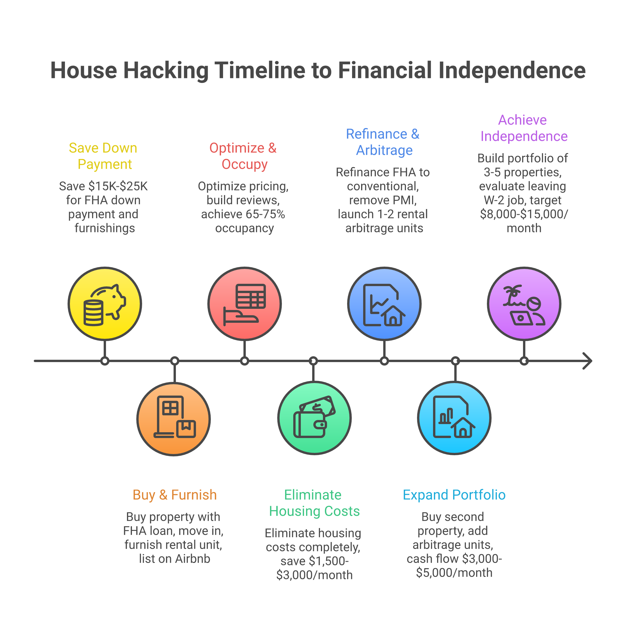 House hacking timeline from zero to financial independence showing month-by-month milestones over 36 months