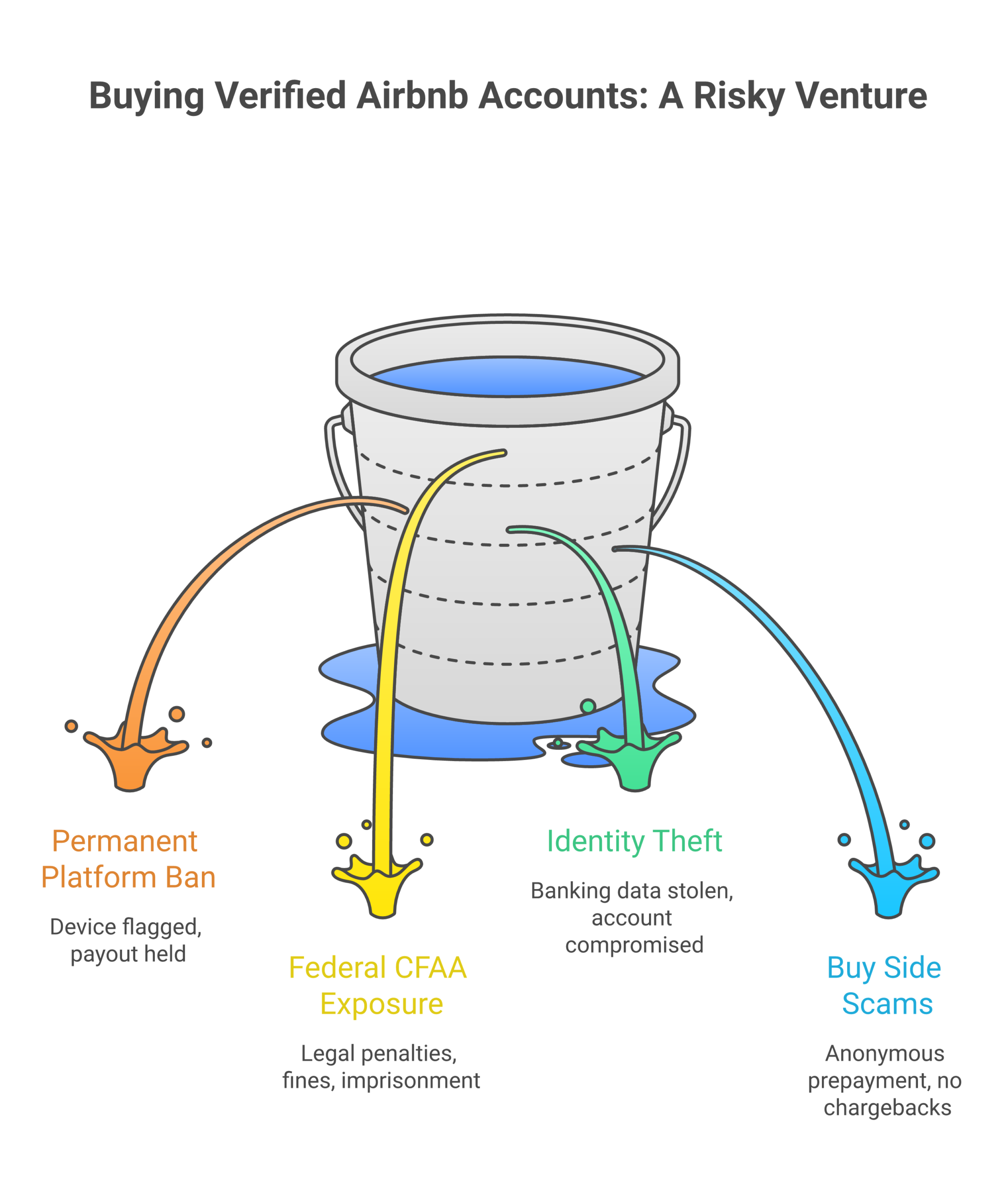 Four risks of buying verified Airbnb accounts: platform ban, CFAA fraud charge, identity theft, buy-side scams