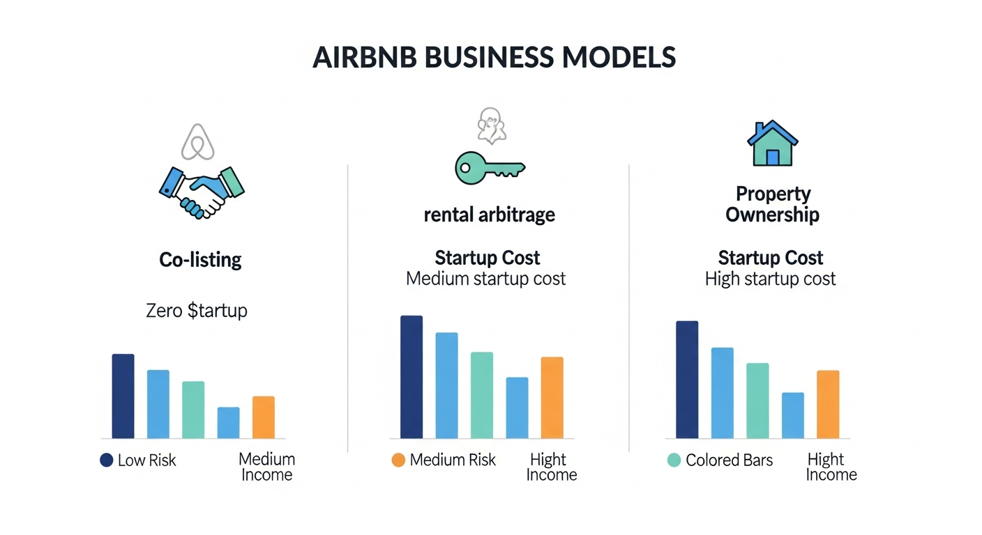 Airbnb business model comparison infographic showing co-listing vs rental arbitrage vs property ownership startup costs and risk levels