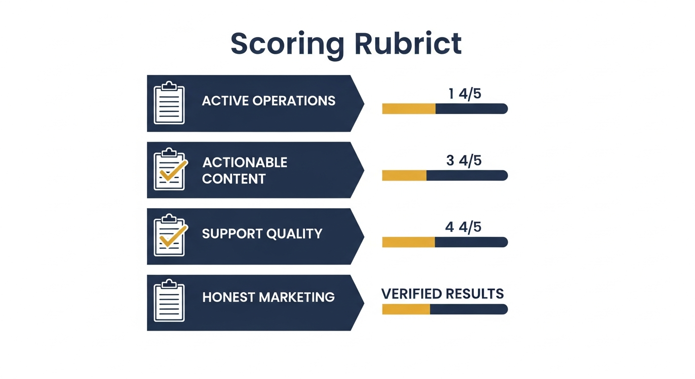 Five-point scoring rubric for evaluating Airbnb hosting courses including active operator and verifiable results criteria