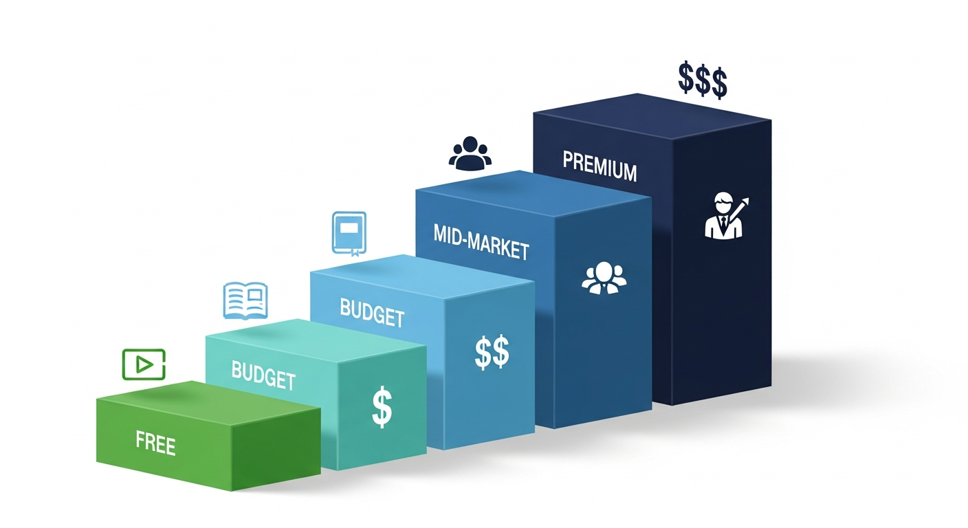 Airbnb course pricing tier comparison showing free budget mid-market and premium tiers with features included at each level