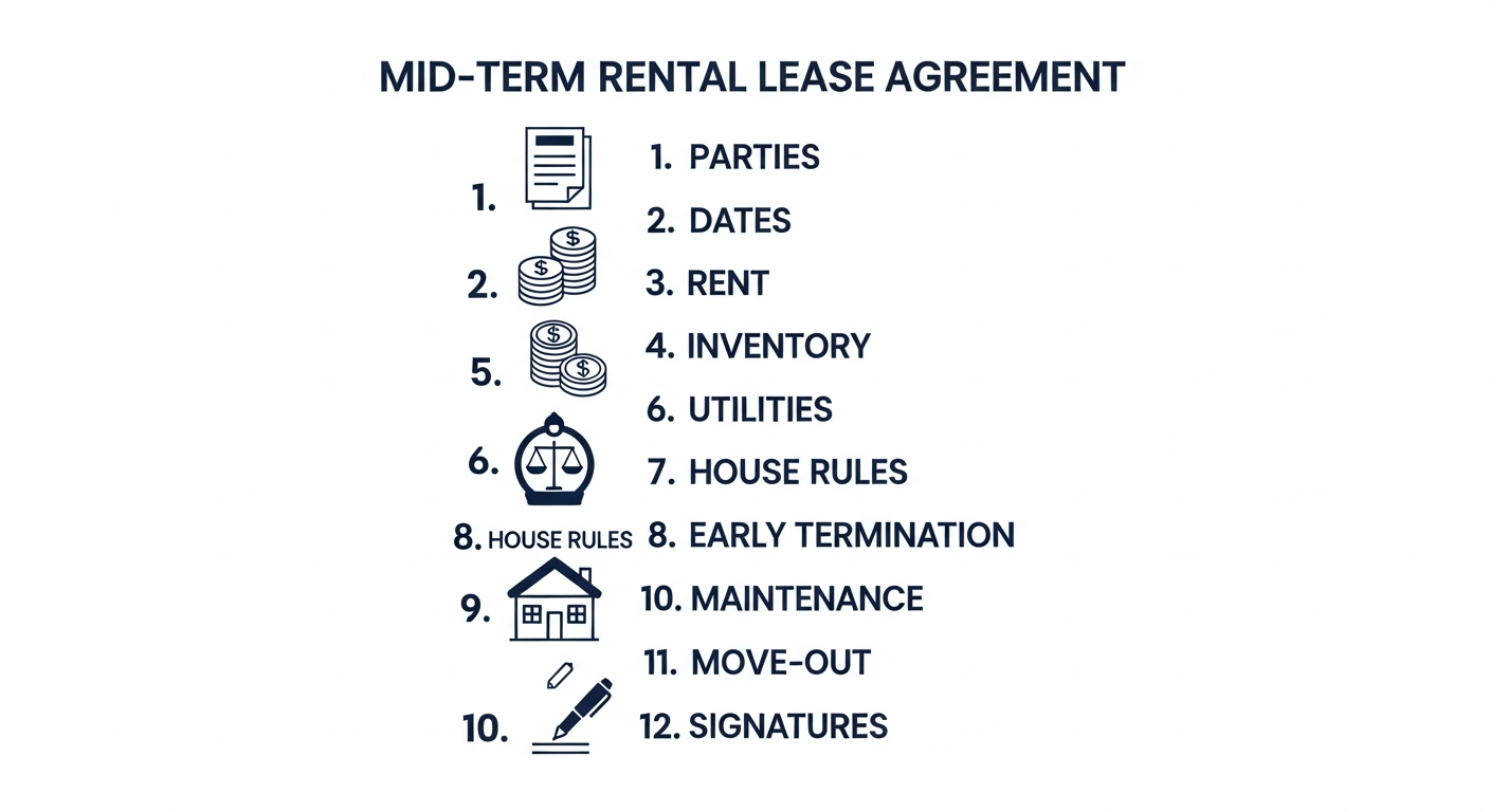 Twelve sections of a mid term rental lease agreement checklist including parties dates rent deposit inventory utilities house rules and termination clauses