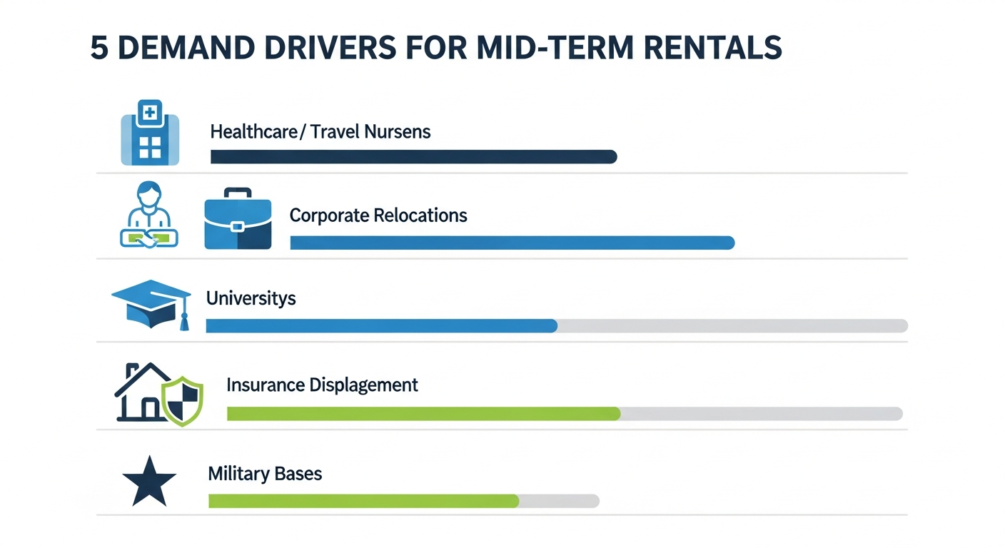 Five demand drivers for mid term rentals: healthcare travel nurses, corporate relocations, universities, insurance displacement, and military bases
