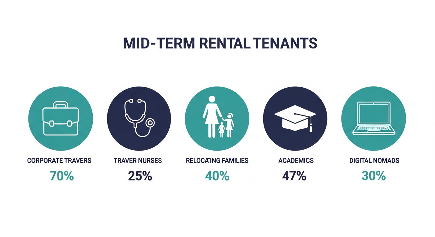 Five mid term rental tenant types with demand percentages: corporate travelers, travel nurses, relocating families, academics, and digital nomads