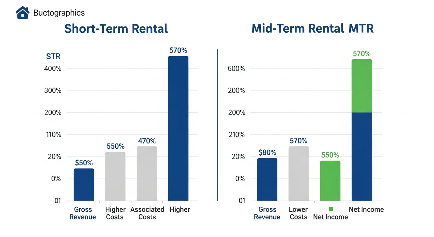 Short term rental vs mid term rental net income comparison showing mid term rentals earn more after operating costs