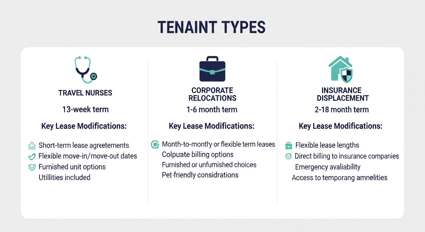 Three mid term rental tenant types with lease modifications: travel nurses 13-week term, corporate relocations 1-6 months, and insurance displacement 2-18 months