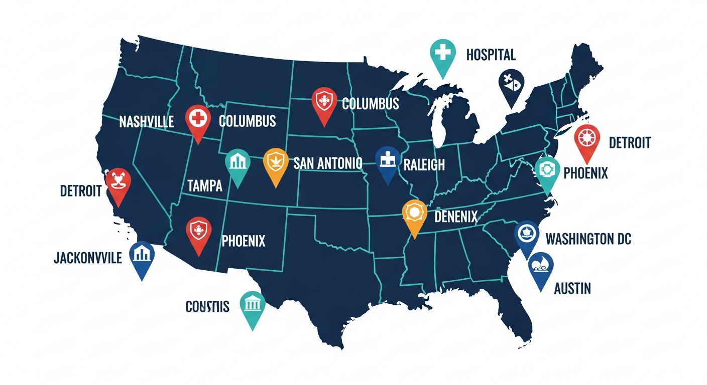 US map showing 12 best cities for mid term rentals in 2026 including Nashville Columbus Charlotte Tampa and Detroit