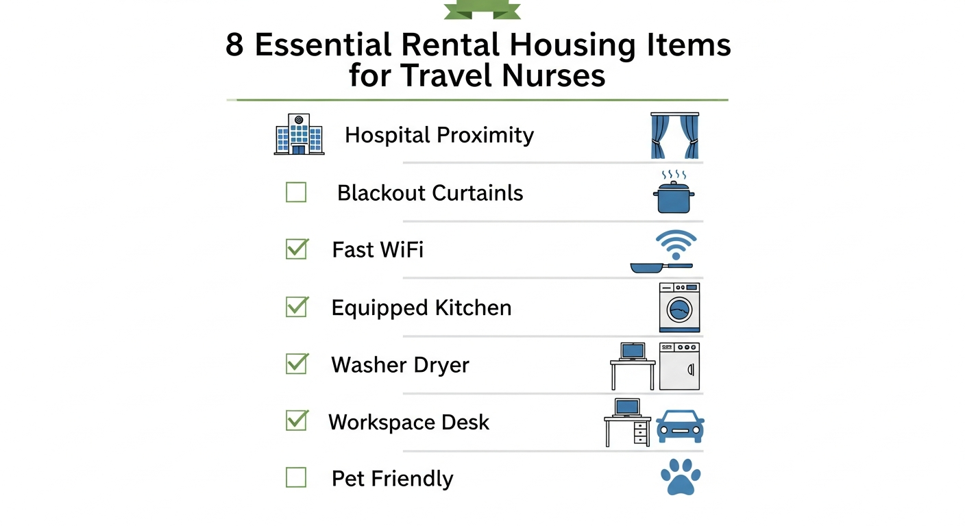 Eight essential features travel nurses need in rental housing: hospital proximity, blackout curtains, fast wifi, equipped kitchen, washer dryer, workspace, parking, and pet friendly