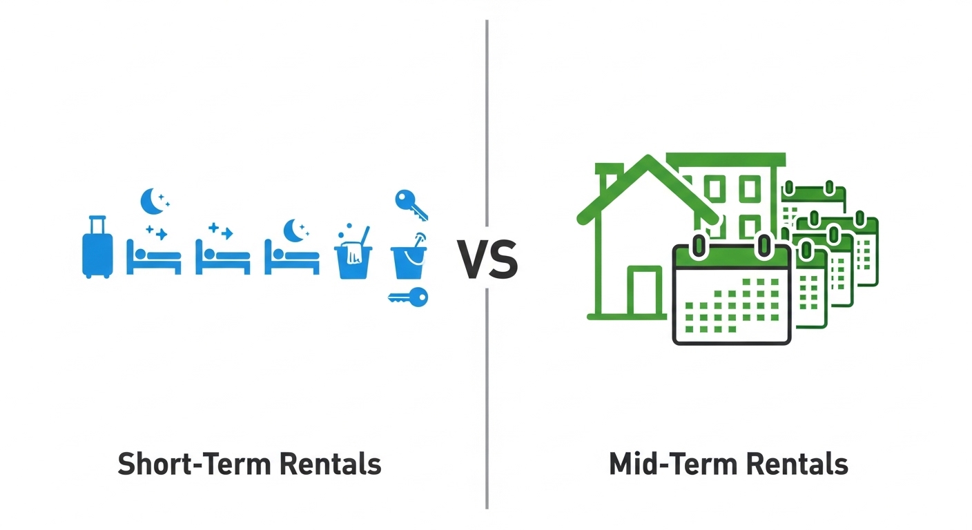 Short-term vs mid-term rental arbitrage comparison showing turnover frequency and cost differences