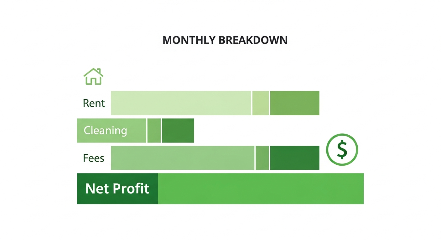 Airbnb rental arbitrage monthly profit breakdown showing rent costs and net cash flow