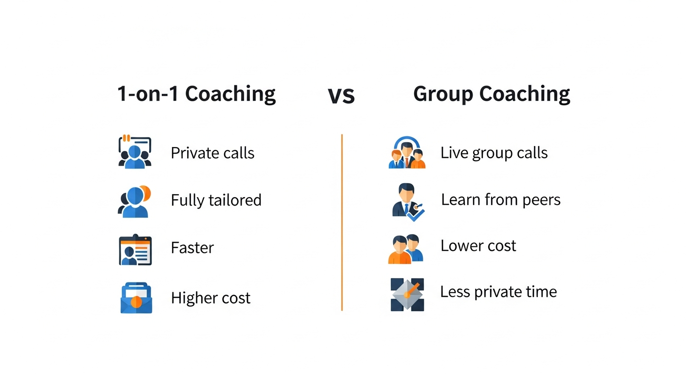 1-on-1 vs group Airbnb arbitrage coaching comparison chart